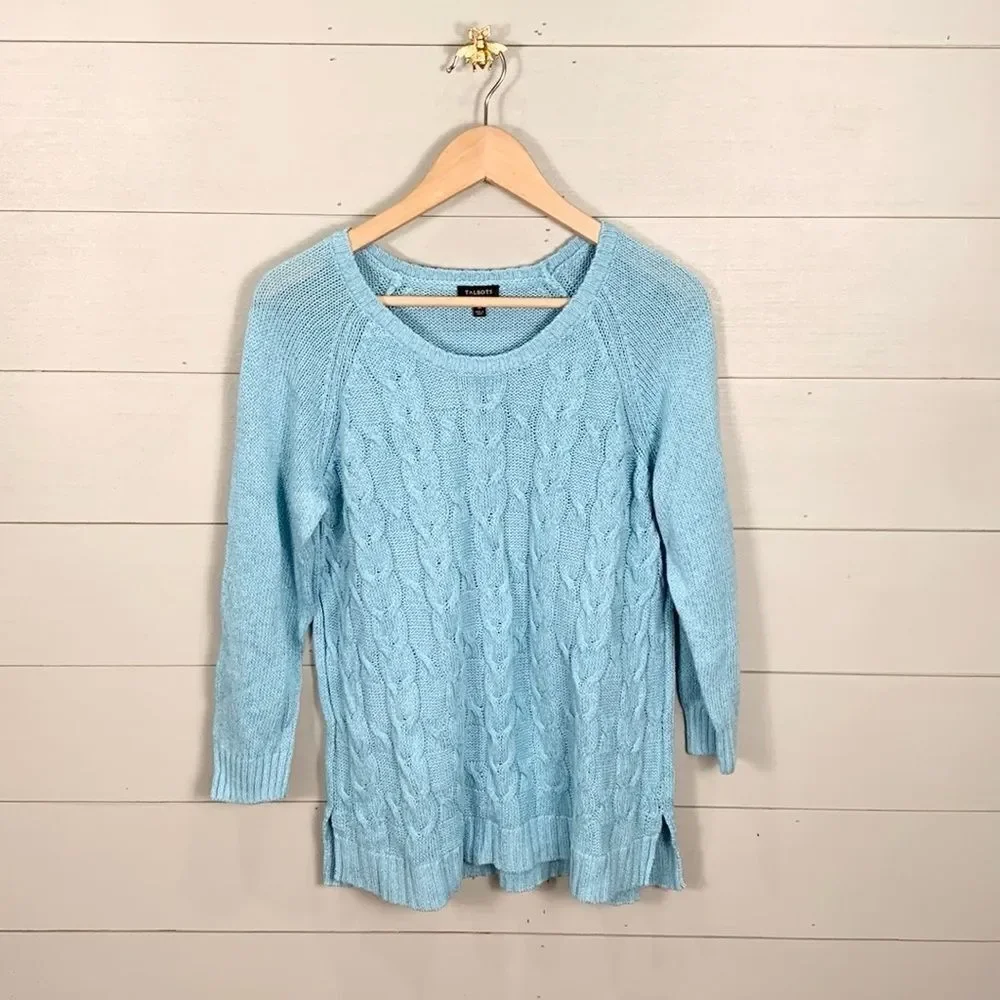 Talbots light blue cable knit linen cotton blend sweater size medium spring - Picture 1 of 9